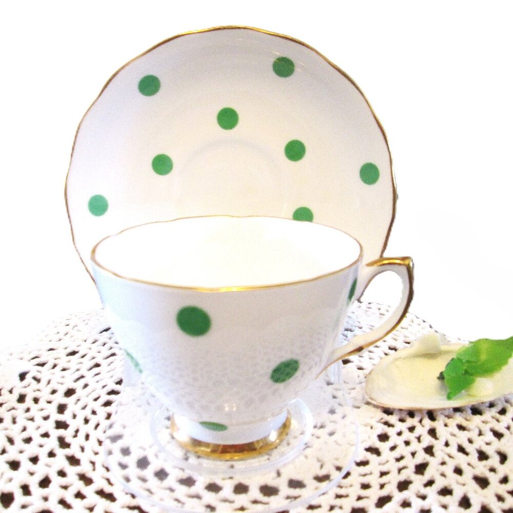 14K Gold edged Royal Vale Product White & Spring Green dotted bone china tea cup